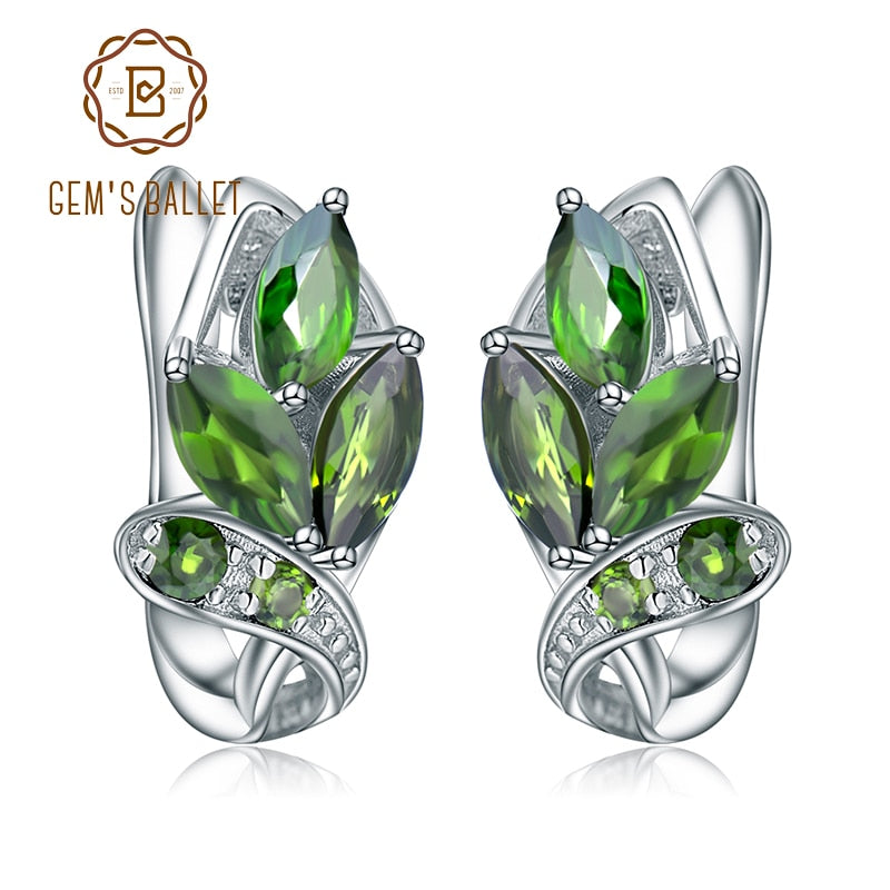GEM&#39;S BALLET 3.11Ct Natural Chrome Diopside Gemstone Stud Earrings 925 Sterling Silver Leaf Earrings for Women Fine Jewelry