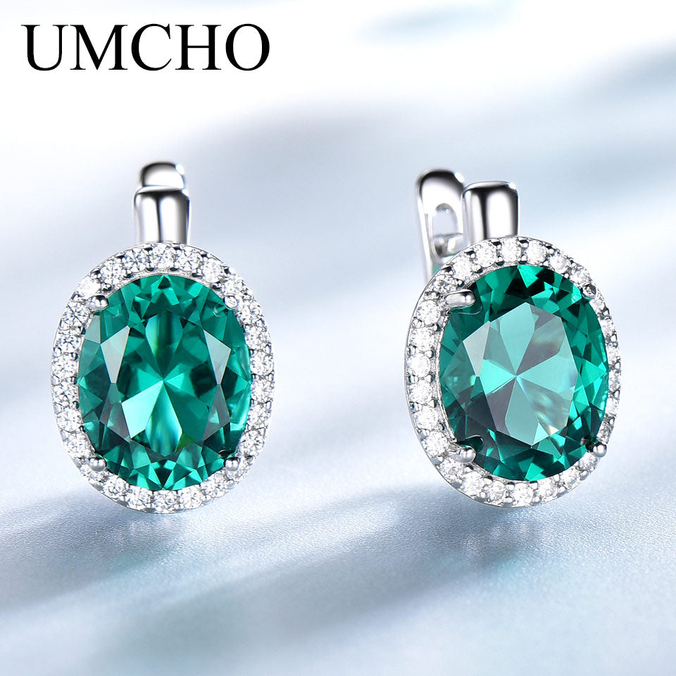 UMCHO Emerald Gemstone Clip Earrings For Women Genuine 925 Sterling Silver Earrings Wedding Anniversary Fashion Jewelry Gift New