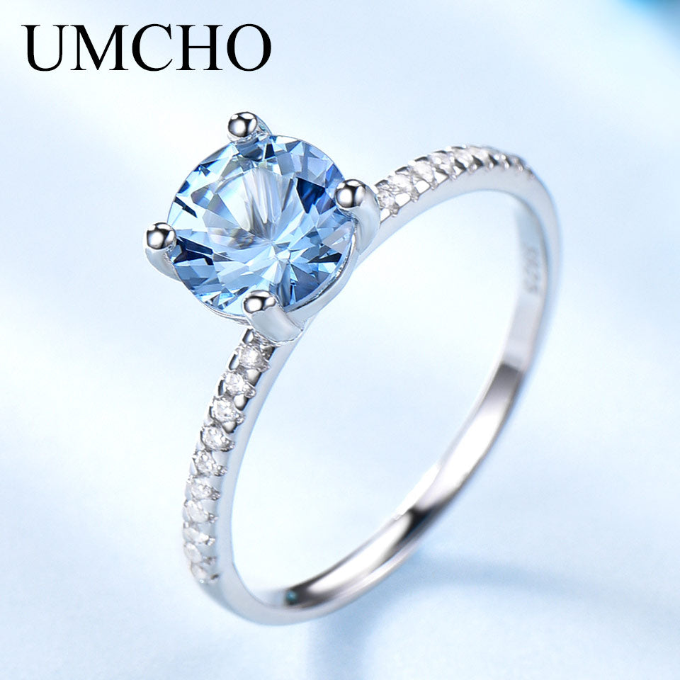UMCHO Created Sky Blue Topaz Gemstone 925 Sterling Silver Rings for Women Wedding Bands Engagement Gift Fine Jewelry Party Gift