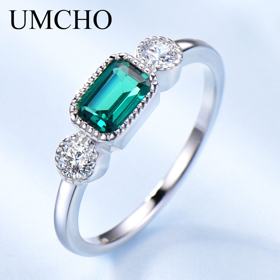 UMCHO Nano Russian Emerald Real 925 Sterling Silver Rings For Women May Birthstone Vintage Ring For Women Brand Fine Jewelry