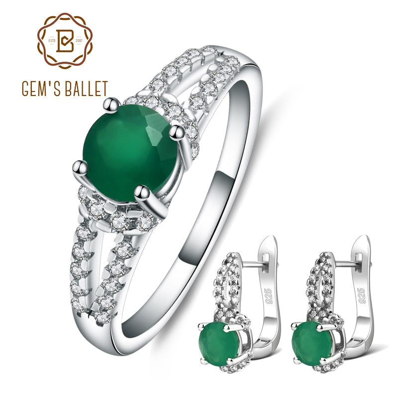 GEM&#39;S BALLET 0.81Ct Green Agate Rings Clip Earrings Set For Women Gift Pure 925 Sterling Silver Natural Gemstone Fine Jewelry