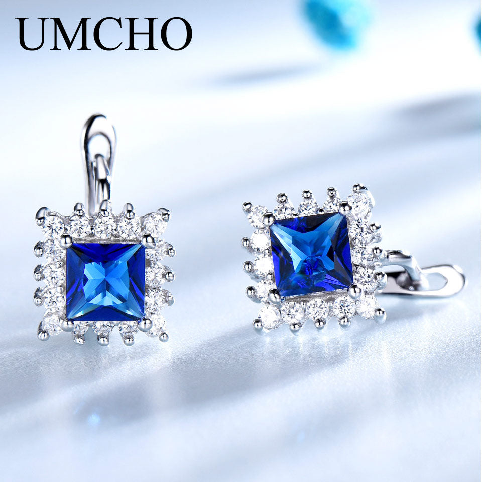UMCHO Simulated Blue Sapphire Clip Earrings for Women Solid 925 Sterling Silver Jewelry Wedding September Birthstone Earrings