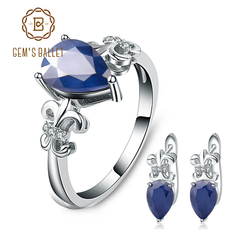 GEM&#39;S BALLET Hot Fine Jewelry Natural Blue Sapphire Gemstone Rings Clip Earrings Genuine 925 Sterling Silver Set For Women Gift