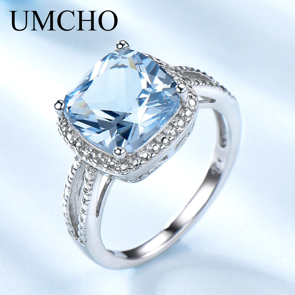 UMCHO Real 925 Sterling Silver Rings For Women Gemstone Aquamarine Sky Blue Topaz Ring Cushion Romantic Gift Engagement Jewelry
