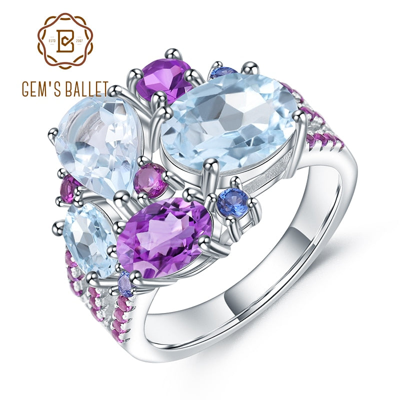GEM&#39;S BALLET Natural Sky Blue Topaz Amethyst Rings Fine Jewelry 925 Sterling Silver Gemstone Candy Ring for Women Bijoux