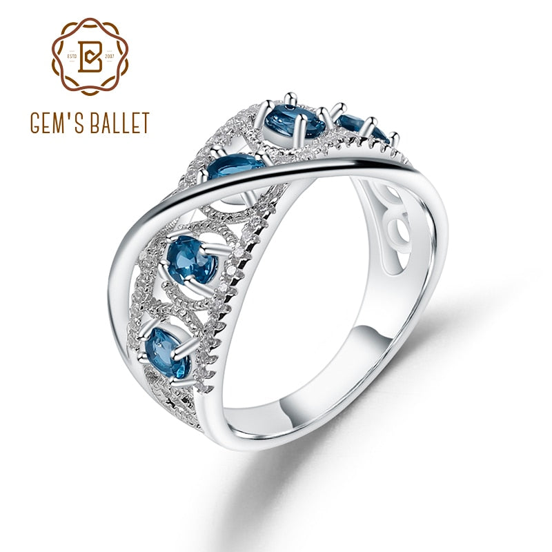 GEM'S BALLET 925 Sterling Silver Band Finger Ring 1.05Ct Natural London Blue Topaz Gemstone Rings For Women Wedding Fine Jewelry