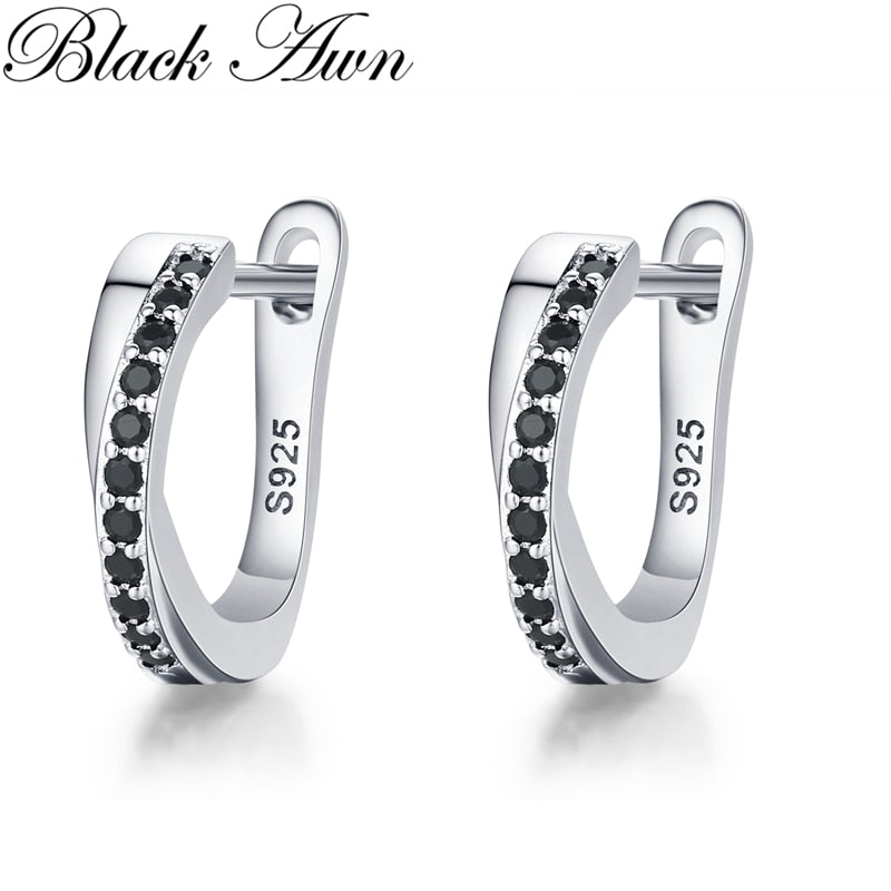 Black Awn Classic Silver Round Black Trendy Spinel Engagement Hoop Earrings for Women Fashion Jewelry Bijoux I197 Default Title