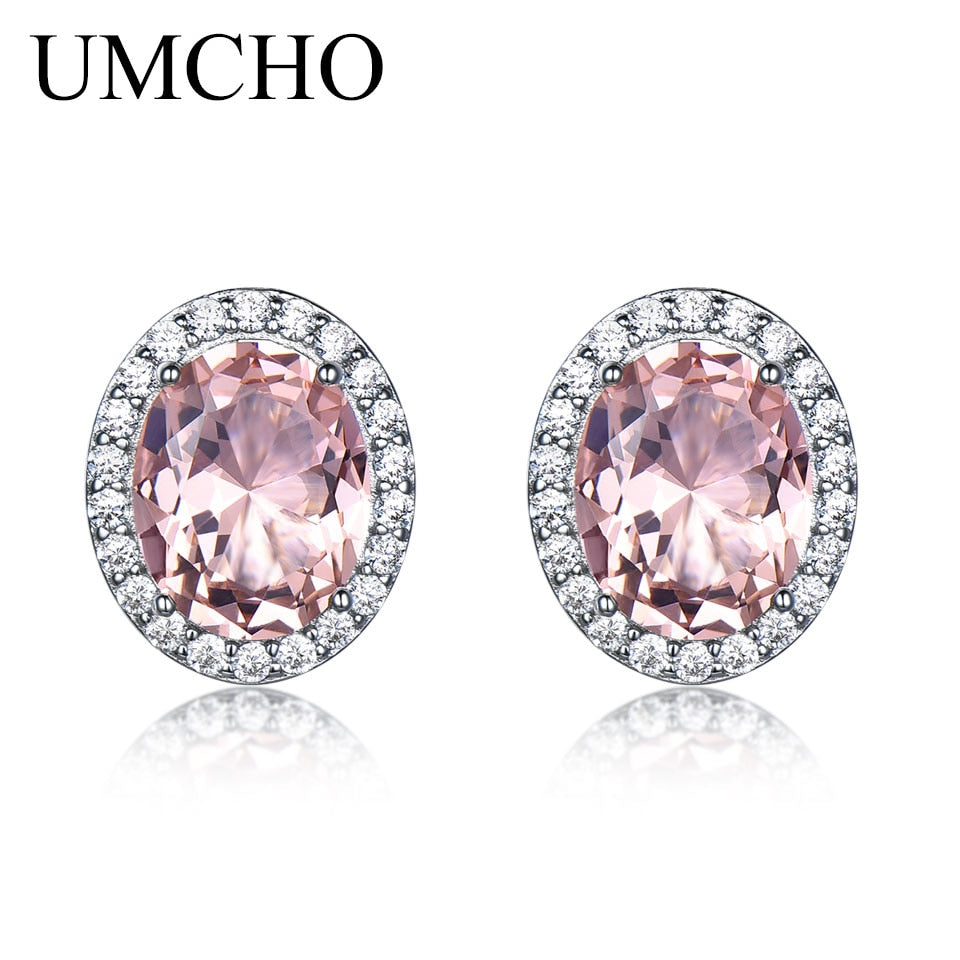 UMCHO Solid 925 Sterling Silver Stud Earrings For Women Rose Pink Sapphire Morganite Earrings Wedding Engagement Jewelry Gift