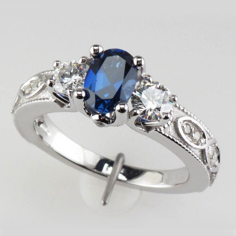 Huitan Deep Blue Stone Women Finger Rings Ancient Pattern Mysterious Charm Women Jewelry Finger Rings With Size 6-10 Blue Silver Plated