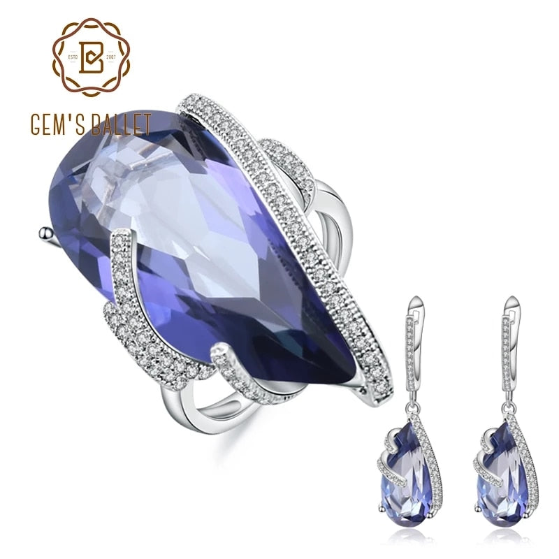 GEM&#39;S BALLET 925 Sterling Silver Fashion Earrings Ring Set Natural Iolite Blue Mystic Quartz Water Drop Jewelry Sets For Women
