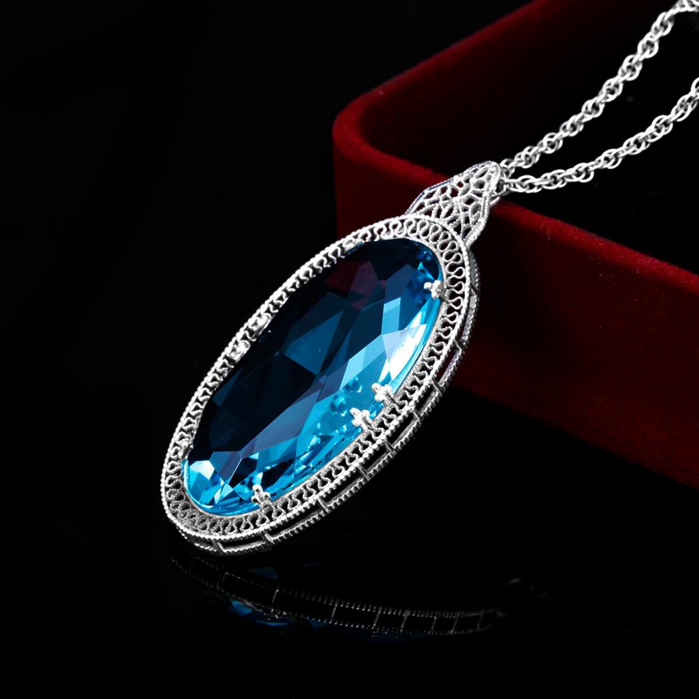 925 Sterling Silver Pendants For Women Vintage Oval Aquamarine Gemstone Pendant Necklace Gothic Style Fine Jewelry New