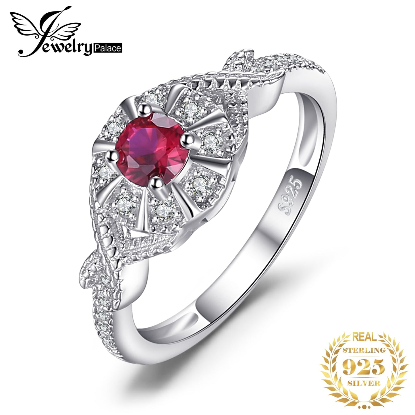 JewelryPalace Infinity Created Ruby 925 Sterling Silver Halo Ring for Women Fashion Statement Gemstone Jewelry Wedding Gift