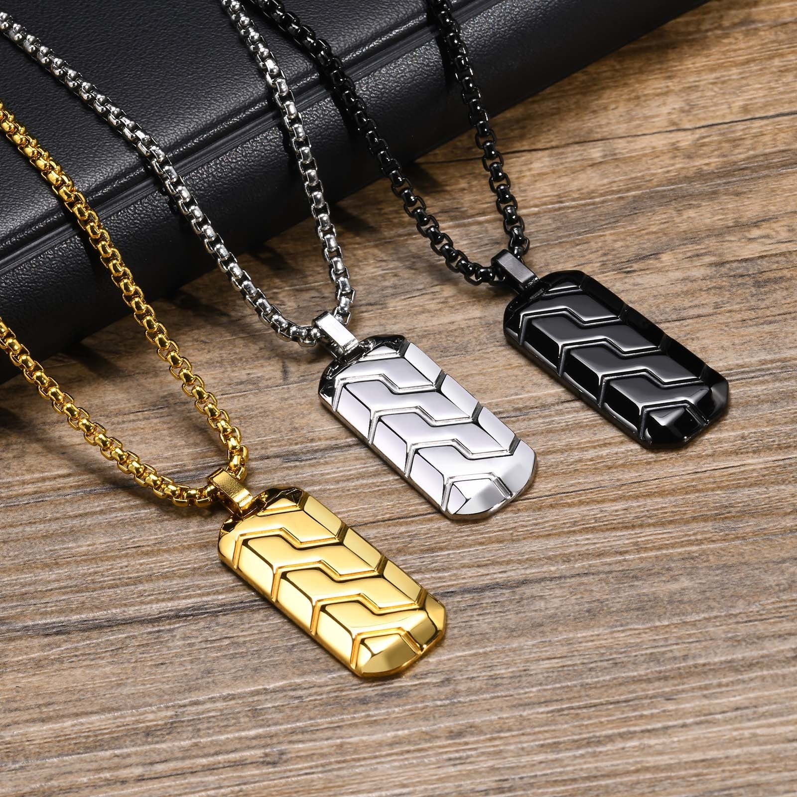 Vnox Cool Tire Pattern Necklaces for Men Boys, Stainless Steel Geometric Bar Pendant Collar, Punk Stylish Gifts for Him