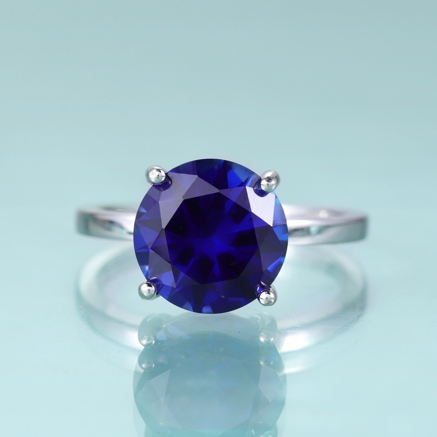 GEM'S BALLET Round Lab Blue Sapphire Four Prong Solitaire Engagement Rings 925 Sterling Silver Gemstone Ring Gift For Her