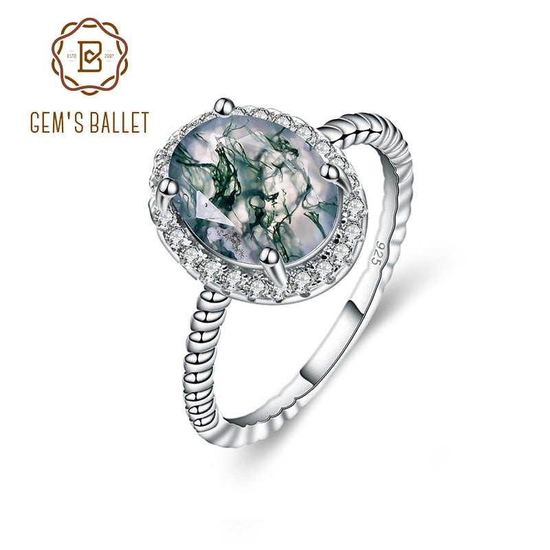 GEM&#39;S BALLET 925 Sterling Silver Stripes Ring 1.8Ct 7x9mm Oval Shape Moss Agate Gemstone Halo Engagement Rings Gift For Her