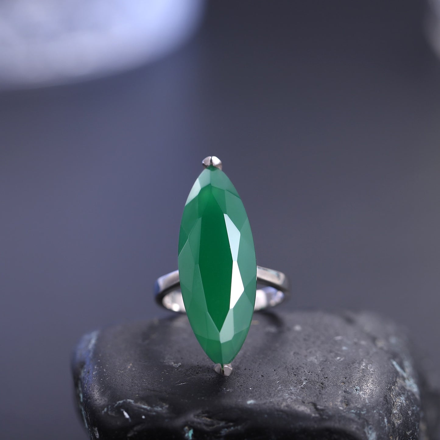 GEM'S BALLET 11.45Ct Marquise Shape Natural Green Agate Gemstone Ring 925 Sterling Silver Cocktail Rings Handmade Gift For Women