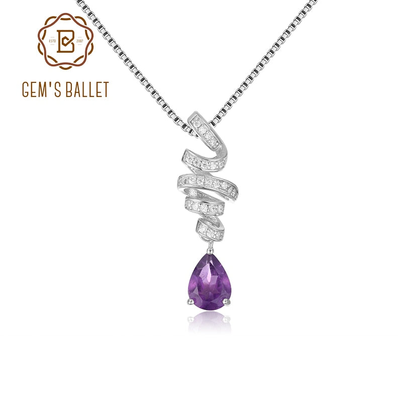 GEM&#39;S BALLET Ribbon Swirl Necklace 6x8mm Pear Shape Natural Amethyst Gemstone Necklace in 925 Stering SIlver Gift For Her