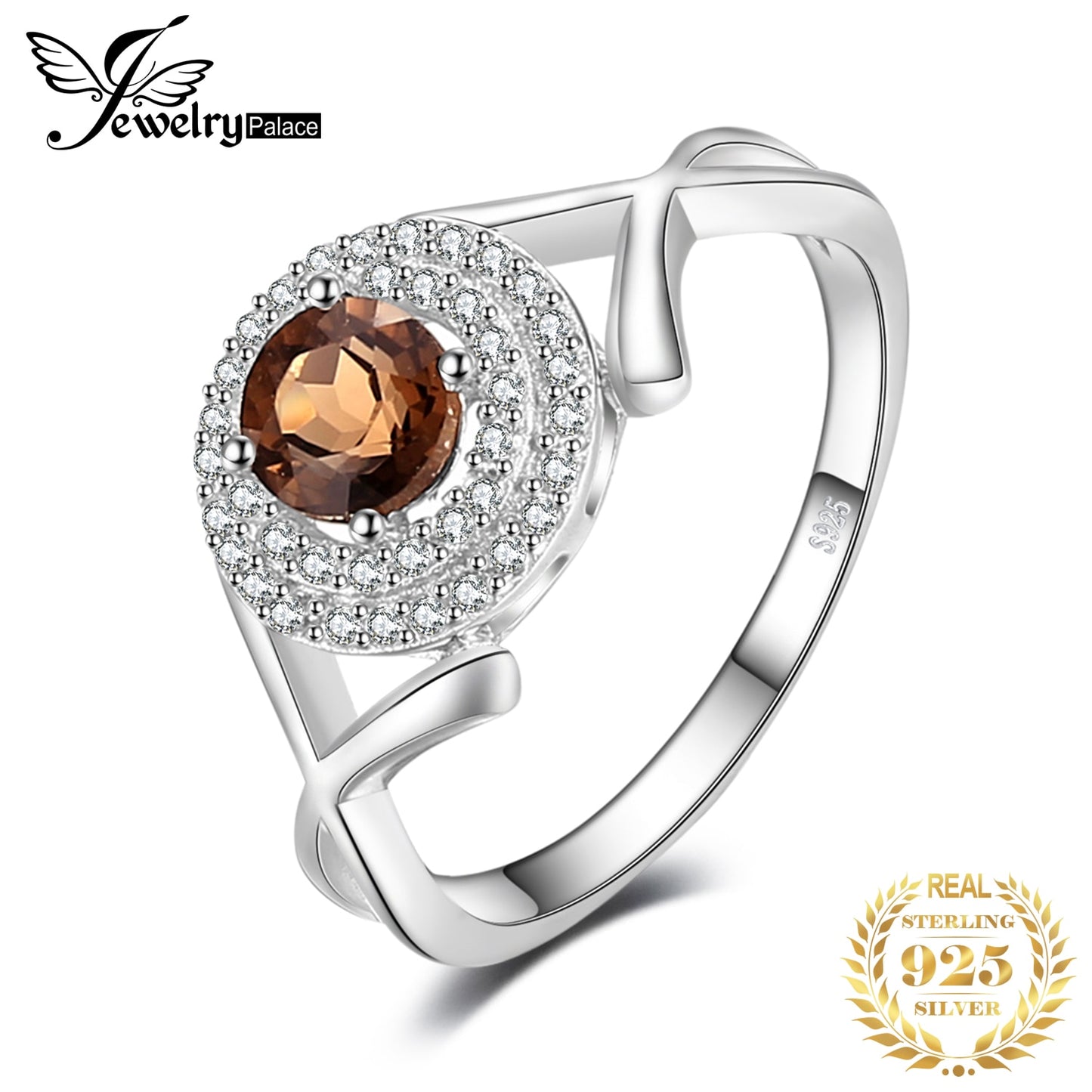 JewelryPalace Round Genuine Natural Smoky Quartz 925 Sterling Silver Ring for Women Fashion Statement Halo Gemstone Jewelry