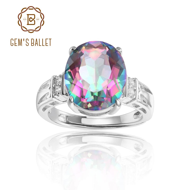 GEM&#39;S BALLET 4.36Ct 10x12mm Oval Rainbow Mystic Topaz Gemstone Promise Engagement Rings in Sterling Silver Gift For Her