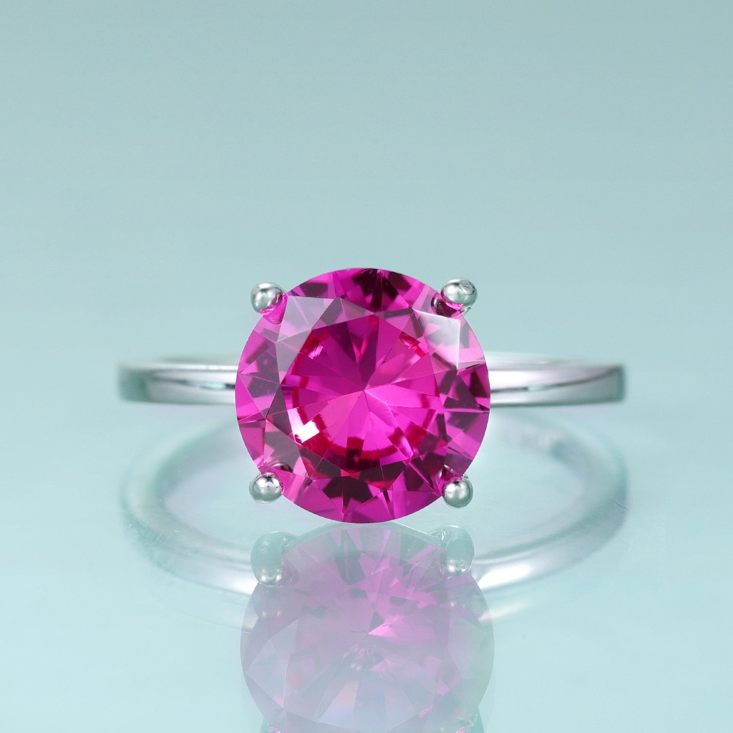 GEM'S BALLET Round Lab Pink Sapphire Four Prong Solitaire Engagement Rings 925 Sterling Silver Anniversary Promise Gift Ring