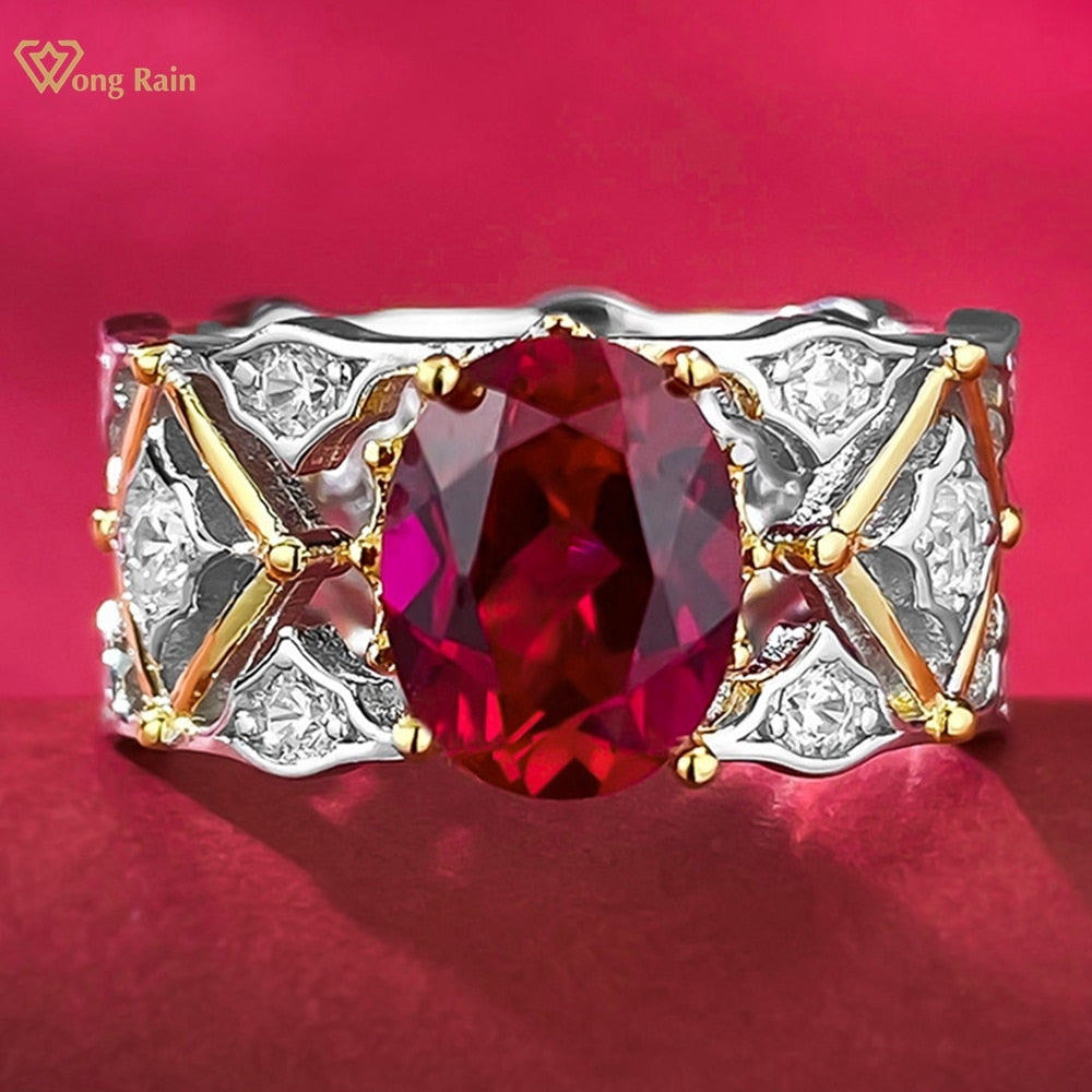 Wong Rain Vintage 925 Sterling Silver Oval Cut Ruby High Carbon Diamond Gemstone Fine Ring for Women Jewelry Gifts Anniversary