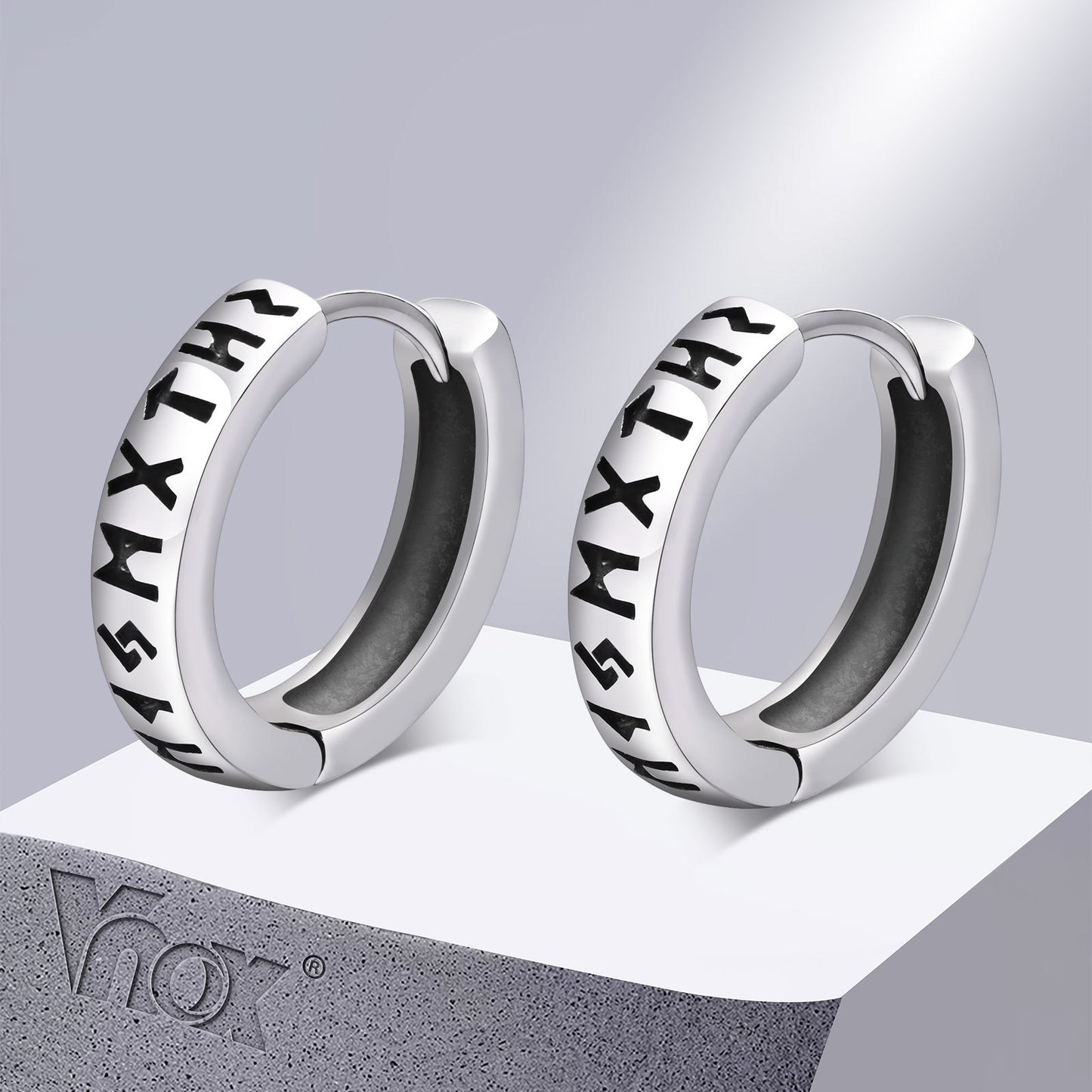 Vnox Viking Runes Earrings for Men Boys, Retro Silver Color Stainless Steel Hoop Huggie Earrings,Hypoallergenic Ear Gift Jewelry