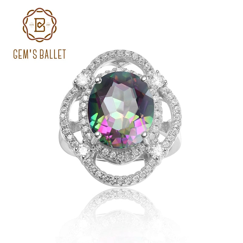 GEM&#39;S BALLET 925 Sterling Silver Birthstone Rings10x12mm Oval Rainbow Mystic Topaz Antique Cocktail Ring For Women Fine Jewelry