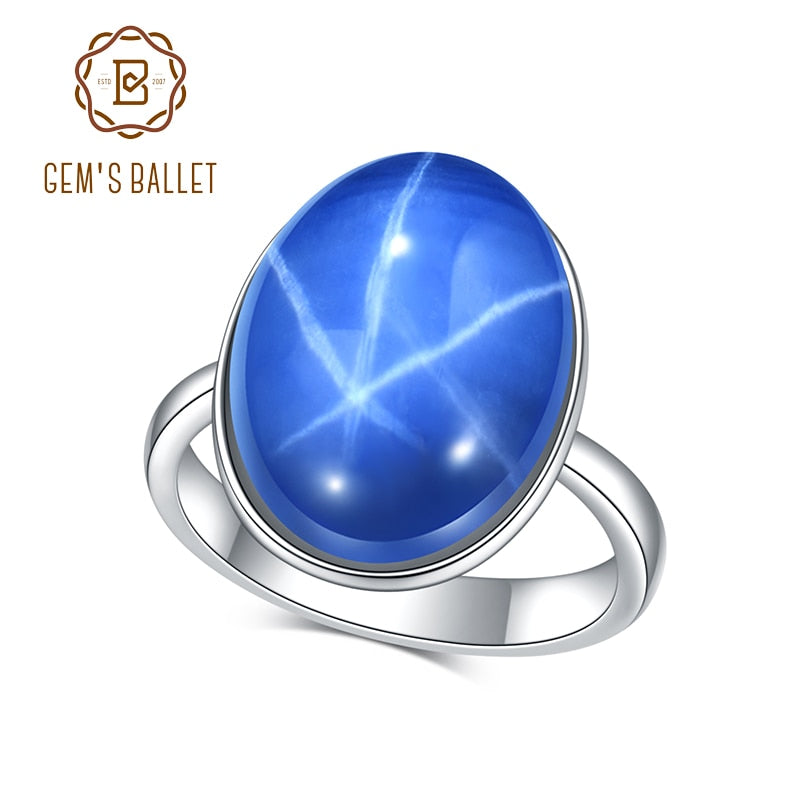 GEM&#39;S BALLET Stunning Gemstone Cocktail Ring OV 12x16mm Lab Blue Lindy Star Sapphire Rings in 925 Sterling Silver Gift For Her
