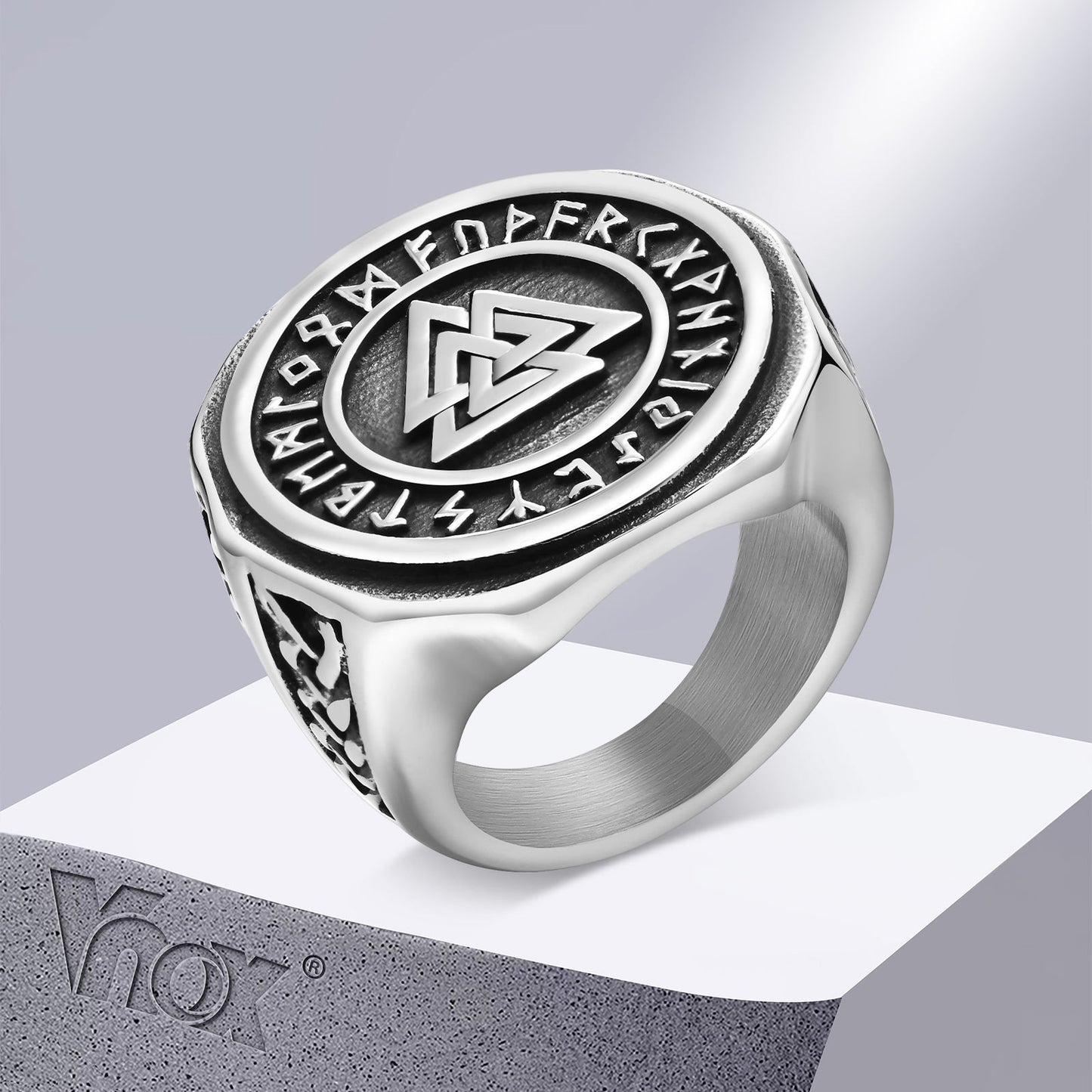 Vnox 23mm Viking Signet Ring for Men, Chunky Bold Stainless Steel Round Top Finger Band, Nordic Viking Knot Rune Almut Jewelry