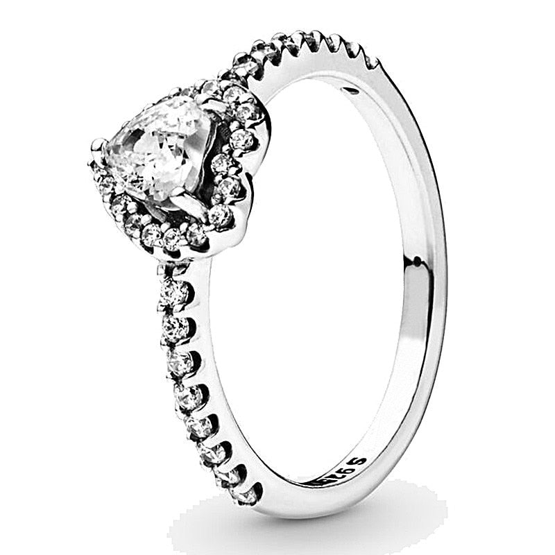 Authentic 925 Sterling Silver Sparkling Elevated Love Heart With Crystal Ring For Women Wedding Party Europe Fashion Jewelry