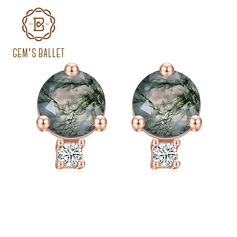 GEM&#39;S BALLET Unique 1.2Ct 5mm Round Cut Moss Agate Stacked Studs Earrings in 925 Sterling Silver Women&#39;s Wedding Earrings