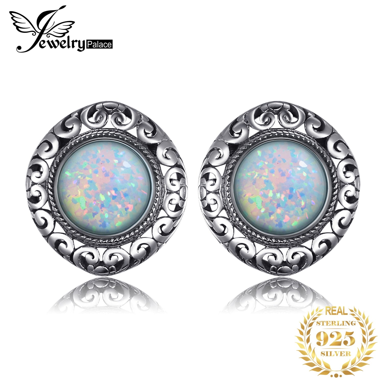 Jewelry Palace Vintage 2.5ct Cabochon Created Opal 925 Sterling Silver Stud Earrings for Women Hollow Heart Gemstone Earrings Default Title