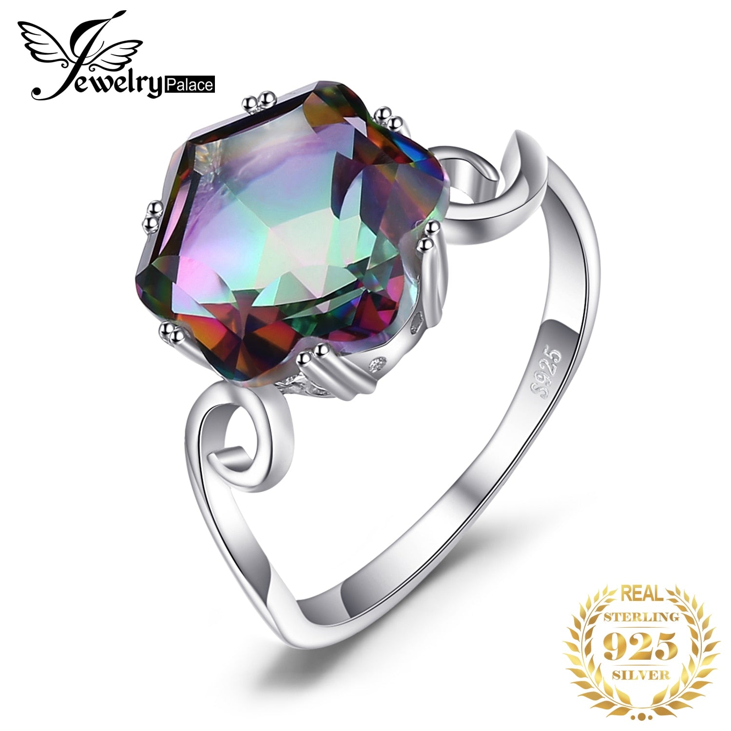 JewelryPalace Flower Natural Rainbow Mystic Quartz 925 Sterling Silver Ring for Women Fine Jewelry