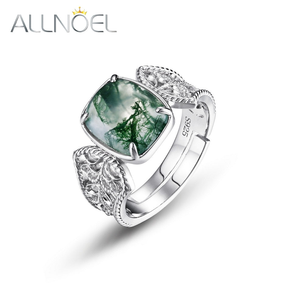 ALLNOEL 925 Sterling Silver Rings For Women Natural 8*10mm Green Moss Agate Original Classic Vintage Wedding Band Fine Jewelry Default Title