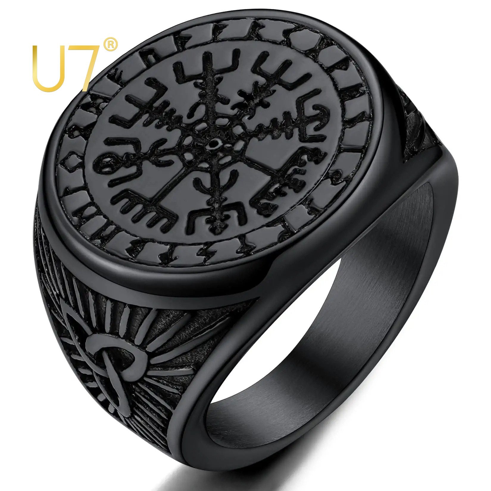 U7 Nautical Viking Compass Ring Size 7-14 Stainless Steel Vintage Thumb Pinky Signet Rings for Women Men Norse Rune Spirit Rings