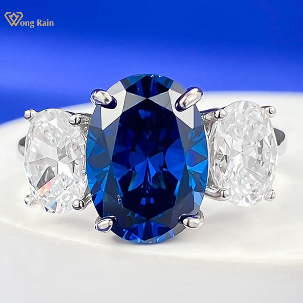 Wong Rain 925 Sterling Silver Oval Cut 8*11MM Lab Sapphire Gemstone Fine Ring for Women Wedding Engagement Jewelry Free Shipping
