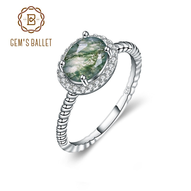 GEM&#39;S BALLET 1.3CT Oval Cut Moss Agate Gemstone Engagement Rings in 925 Sterling Silver Handmade Stripes Ring Gift For Her