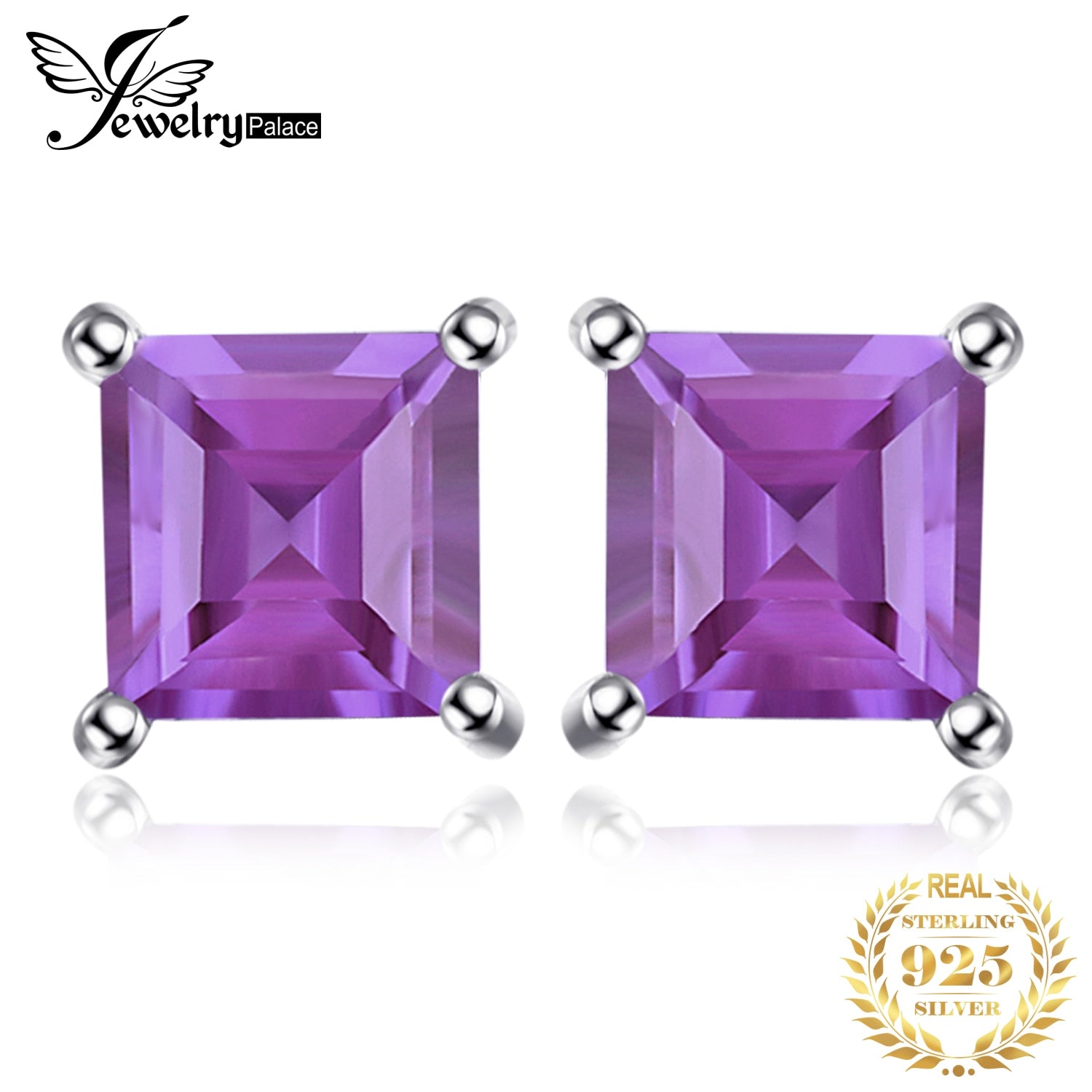 Jewelry Palace Square Genuine Natural Amethyst 925 Sterling Silver Stud Earrings for Women Fashion Jewelry Princess Earrings Default Title