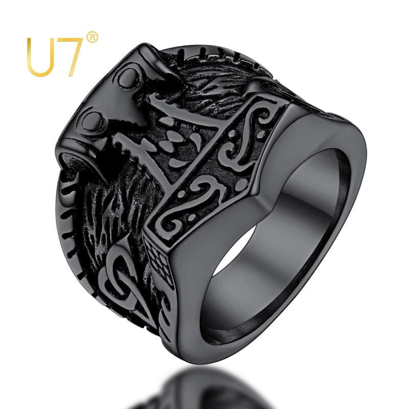 U7 Thor&#39;s Hammer Ring Singet Ring Viking Nordic Jewellery Stainless Steel Powerful Protective Talisman Ring Punk Accessories