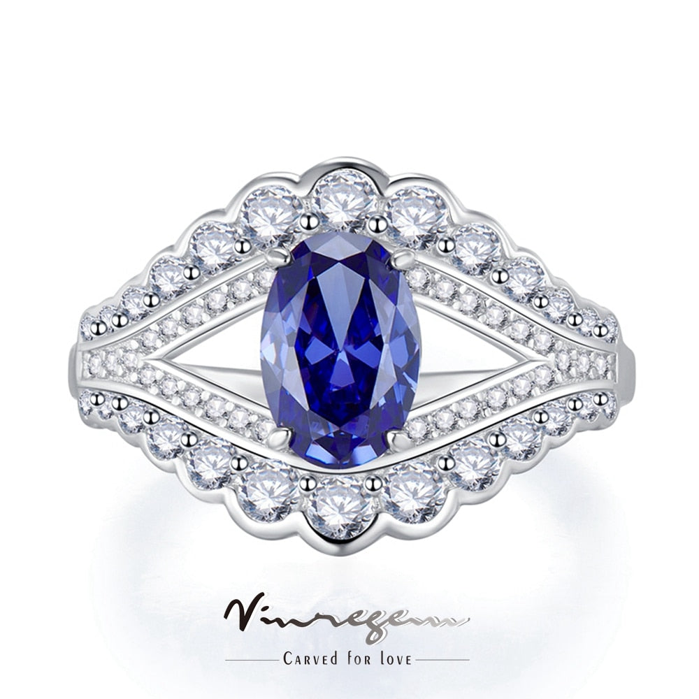 Vinregem White Gold Oval 6*9MM Sapphire Faceted Gemstone Ring For Women Anniversary Gift 925 Sterling Silver