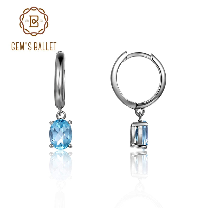 GEM&#39;S BALLET December Birthstone Jewelry 6x8mmOval Swiss Blue Topaz Gemstone Dangle Earrings in 925 Sterling Silver For Women