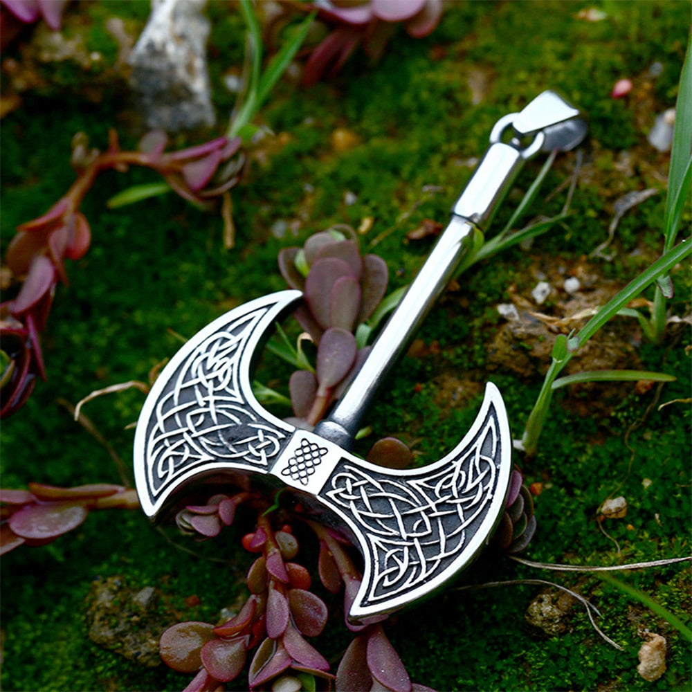 Vintage Double Sided Viking Axe Pendant For Men Stainless Steel Nordic Celtic Knot Necklace Unique Amulet Jewelry Gift
