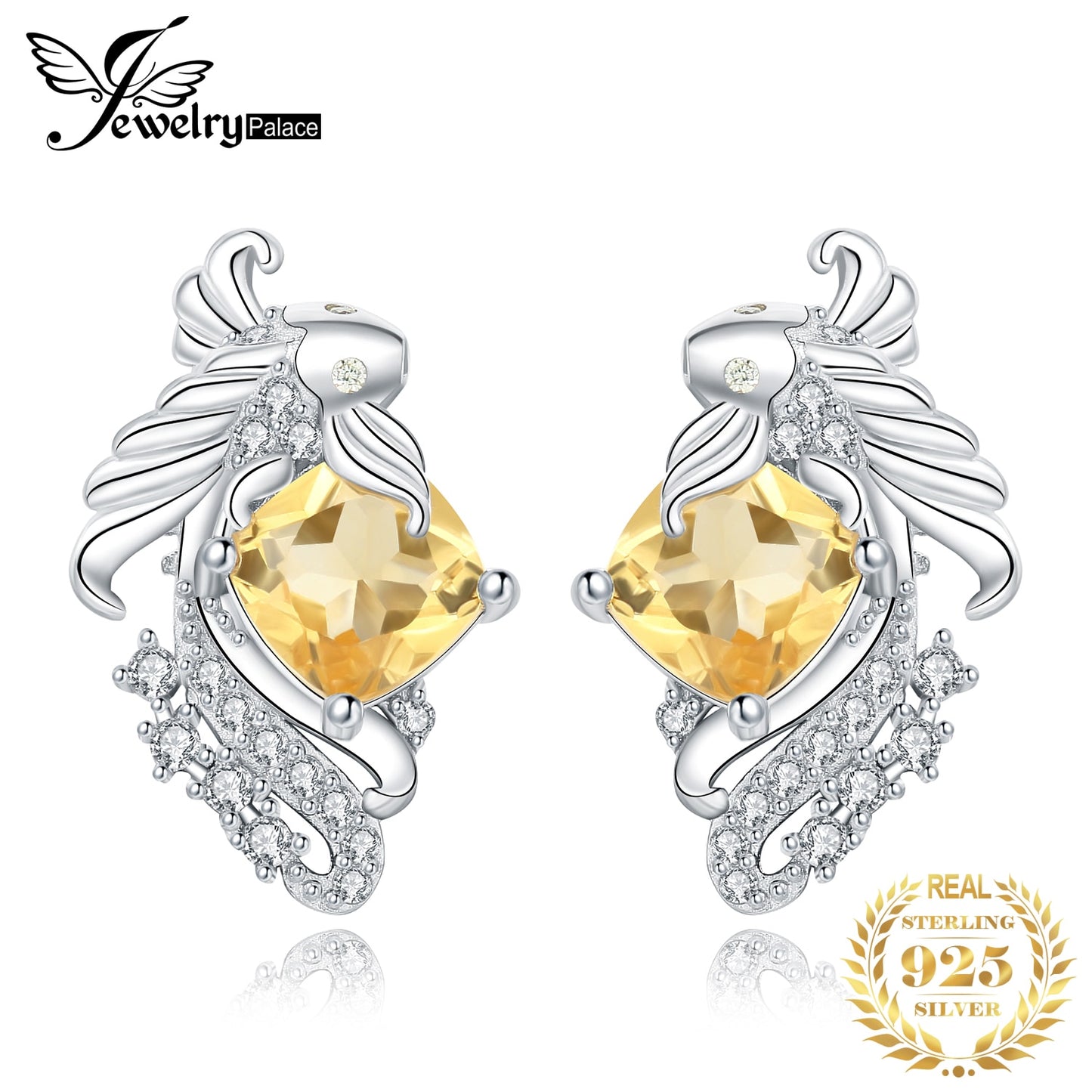 JewelryPalace New Arrival Lucky Koi Fish Cushion Genuine Citrine 925 Sterling Silver Stud Earrings For Woman Fashion Jewelry Default Title