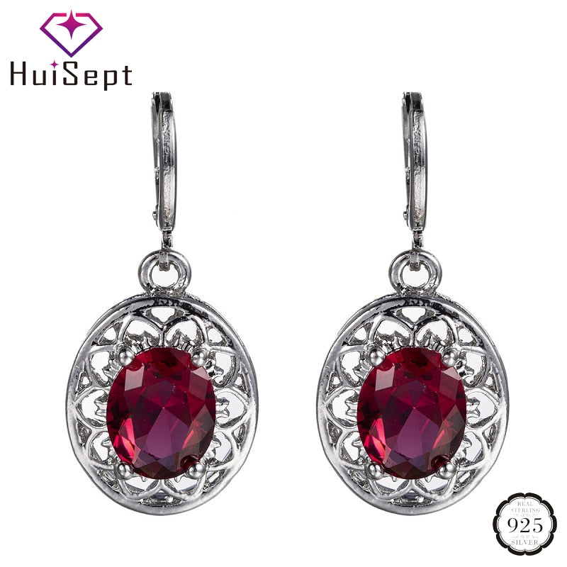 HuiSept Women Earrings 925 Silver Jewelry with Emerald Ruby Gemstone Drop Earrings Accessories for Wedding Party Promise Gifts